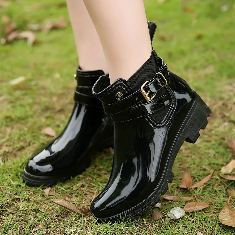 lady PVC Ankle Rain Boots Shoes Women Waterproof Short tube bright face ladies PVC elastic rubber shoes U-shaped water shoes