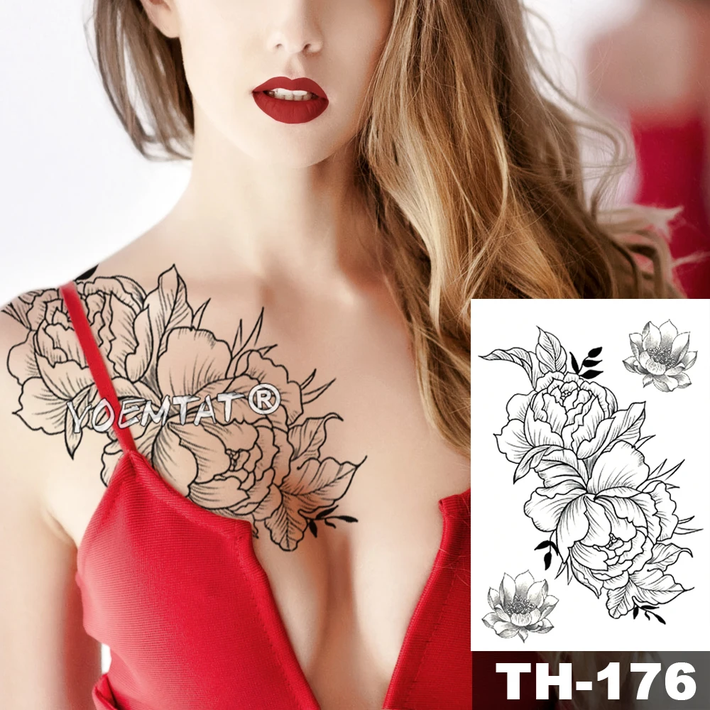 Autocollant de tatouage temporaire imperméable pour femme, faux tatouage, dentelle noire, étoiles, bras et dos, grand tatouage, art corporel, rose lys