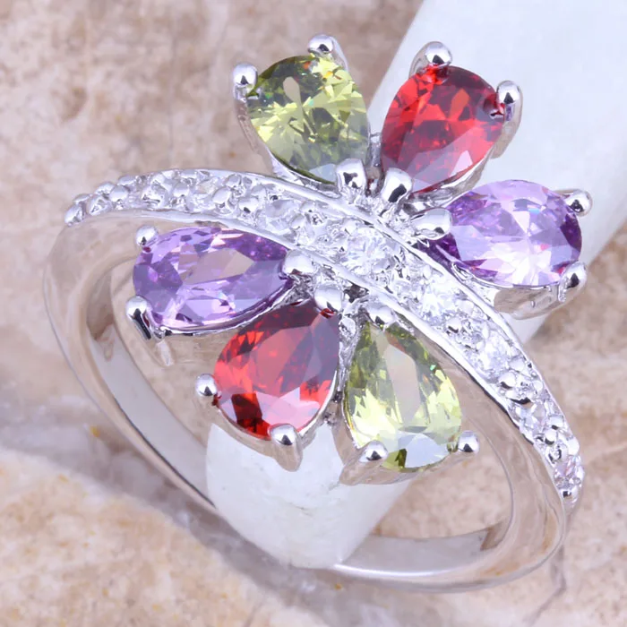 Alluring Multicolor Multigem Silver Plated  Women's Ring Size 6 / 7 / 8 / 9 R1413