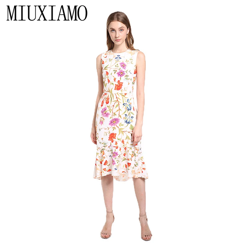 

MIUXIMAO 2023 New Fashion Runway Summer Dress Women's Retro Sleeveless Pink Flower Print Vintage Fishtail Dress Women vestidos