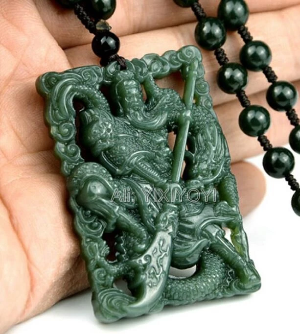 Natural Green HeTian Jade Carved Chinese Sword GuanGong Amulet Hollow Pendant Beads Necklace + Certificate Retro Gift Jewelry