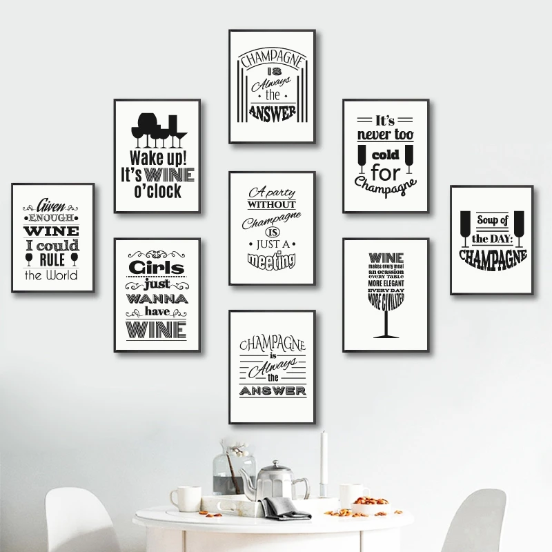 Champagne and Wine Quotes Typography Minimalist Prints Nordic Poster Kitchen Wall Art Pictures Canvas Painting Bar Home Decor