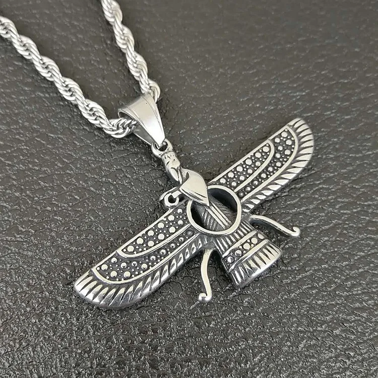 Persian Iran Farvahar Zoroastrian Wing stainless steel Pendant Necklace for Men Vintage Persia Faravahar Pahlavi Male Jewelry