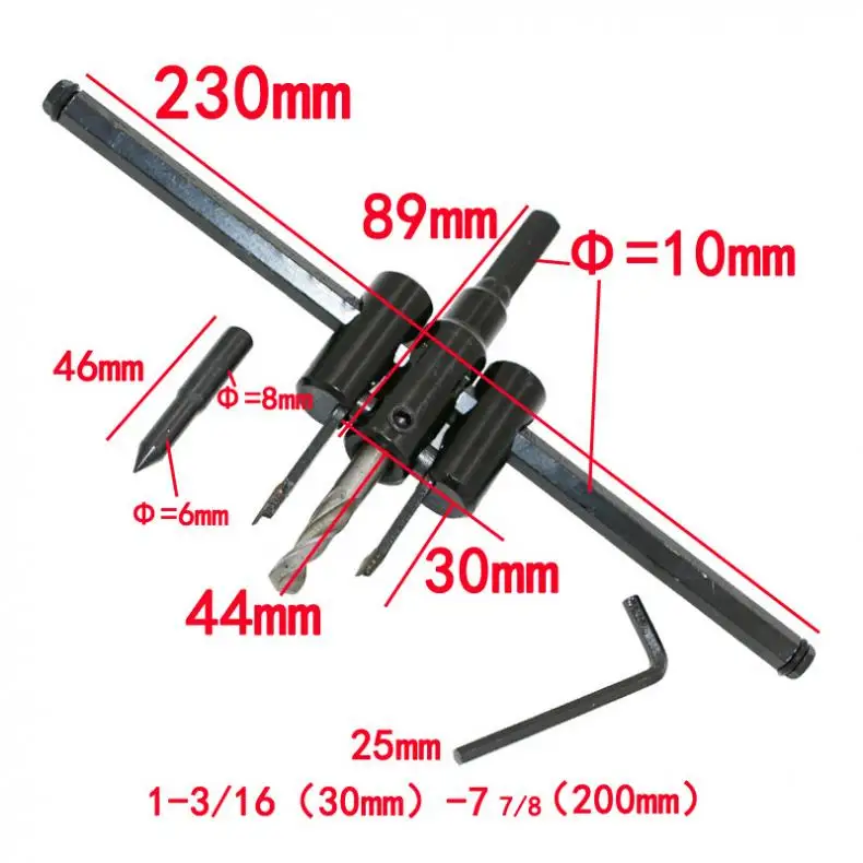 30-200mm Mini Adjustable Aircraft-type Wood Circle Hole Saw Cutter Tool Kit Cordless Drill Bit for Woodworking