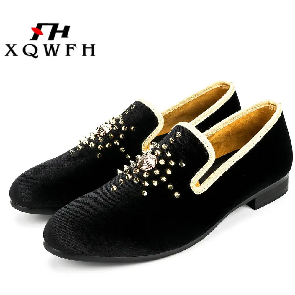 XQWFH Gold Handmade Men Rivets Shoes Plus Size Man\'s Leather Casual Shoes Fashion Party Wedding Men Loafers