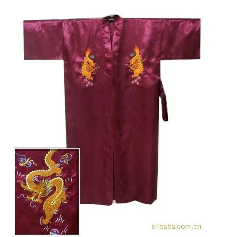 Navy Blue Chinese Men\'s Satin Silk Robe Embroidery Kimono Bath Gown Dragon Size S M L XL XXL XXXL S0103-E