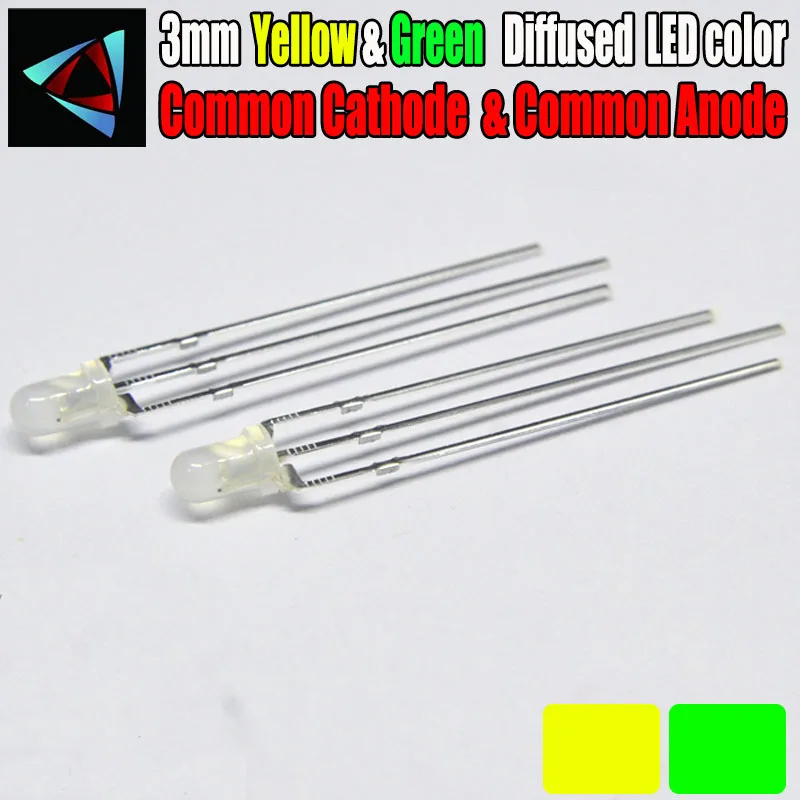 50pcs LED 3mm Diffused Yellow And Green Common Cathode Common Anode 3 Pin Round 3 mm Bi-Color LED Light-Emitting Diode
