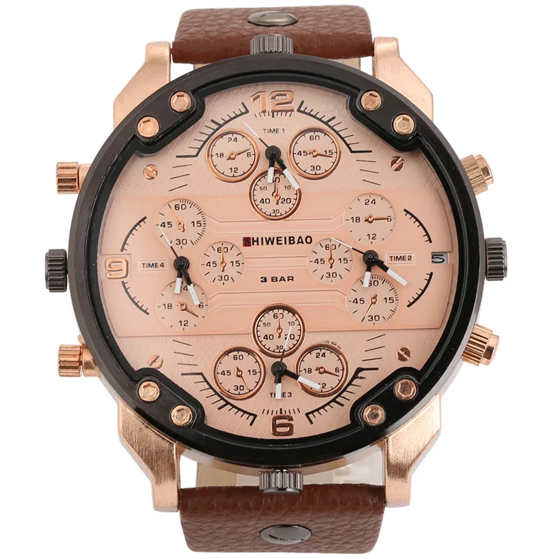 Shiweibao-Relojes de cuarzo para Hombre, pulsera militar de cuero, de marca superior, de lujo, con cuatro zonas horarias