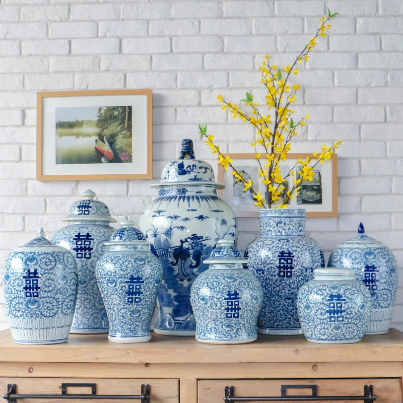 Jingdezhen Old Blue And White Ginger jar New Chinese temple jar Antique Study Wedding Decorations porcelain ceramic jar vase