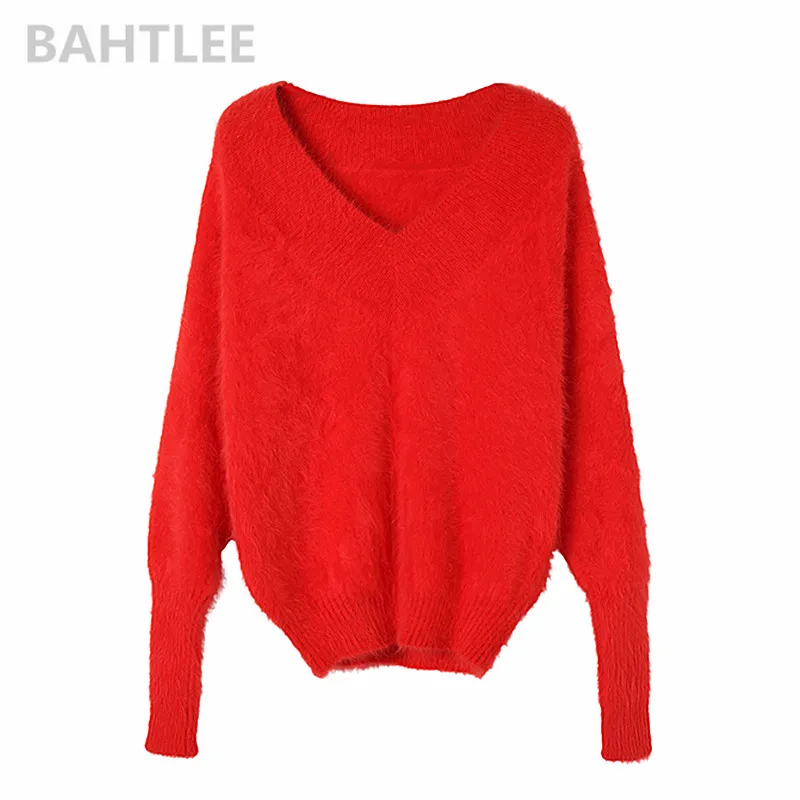 BAHTLEE-Women\'s Angora Rabbit Knitted Pullovers, Sweater, V-Neck Jumper, Batwing Sleeve, Fashion, Keep Warm, Autumn, Winter