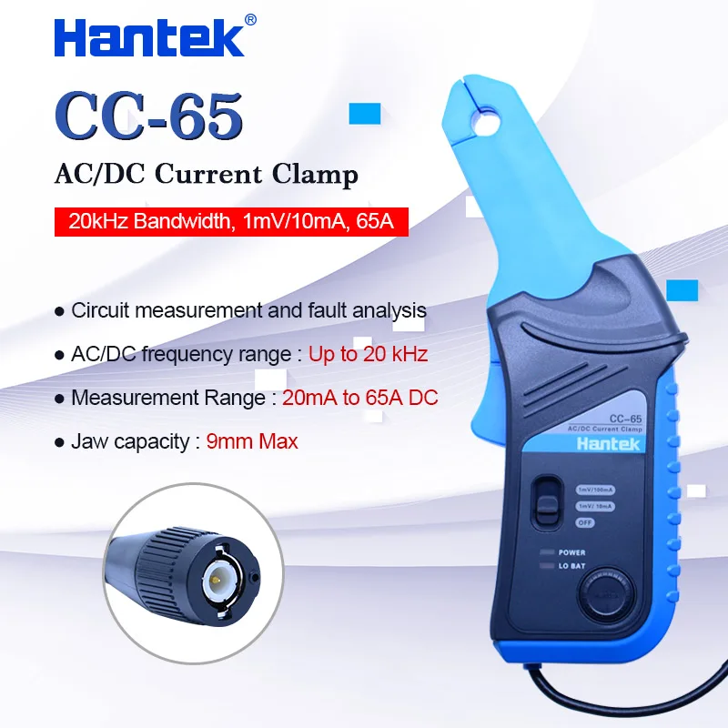 

Hantek AC/DC Current Clamp current CC-65 current sensor with BNC/Banana plug 20kHz Bandwidth 1mV/10mA 20 mA ~65A