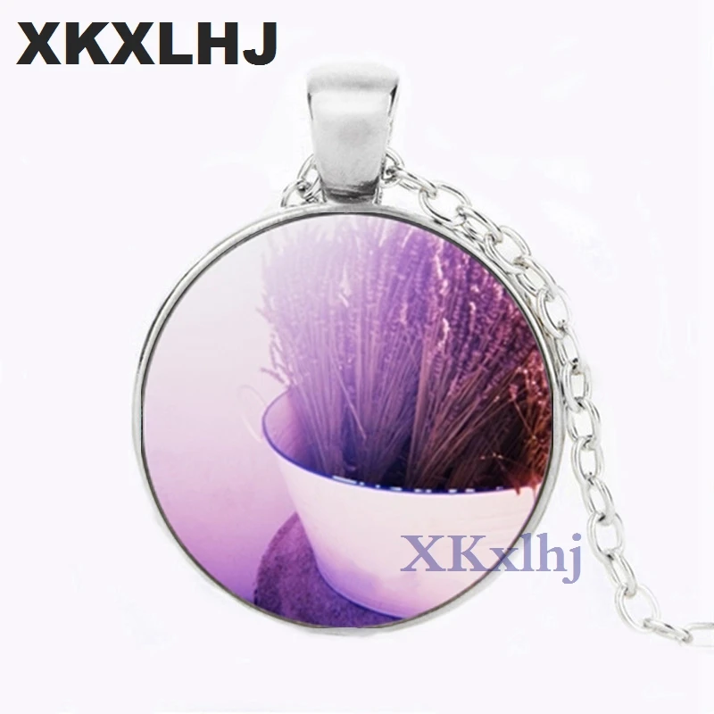 XKXLHJ New Purple Lavender Necklace Lavender Natural Pendant Flower Grass Fashion Jewelry Glass Photo Pendant Necklace