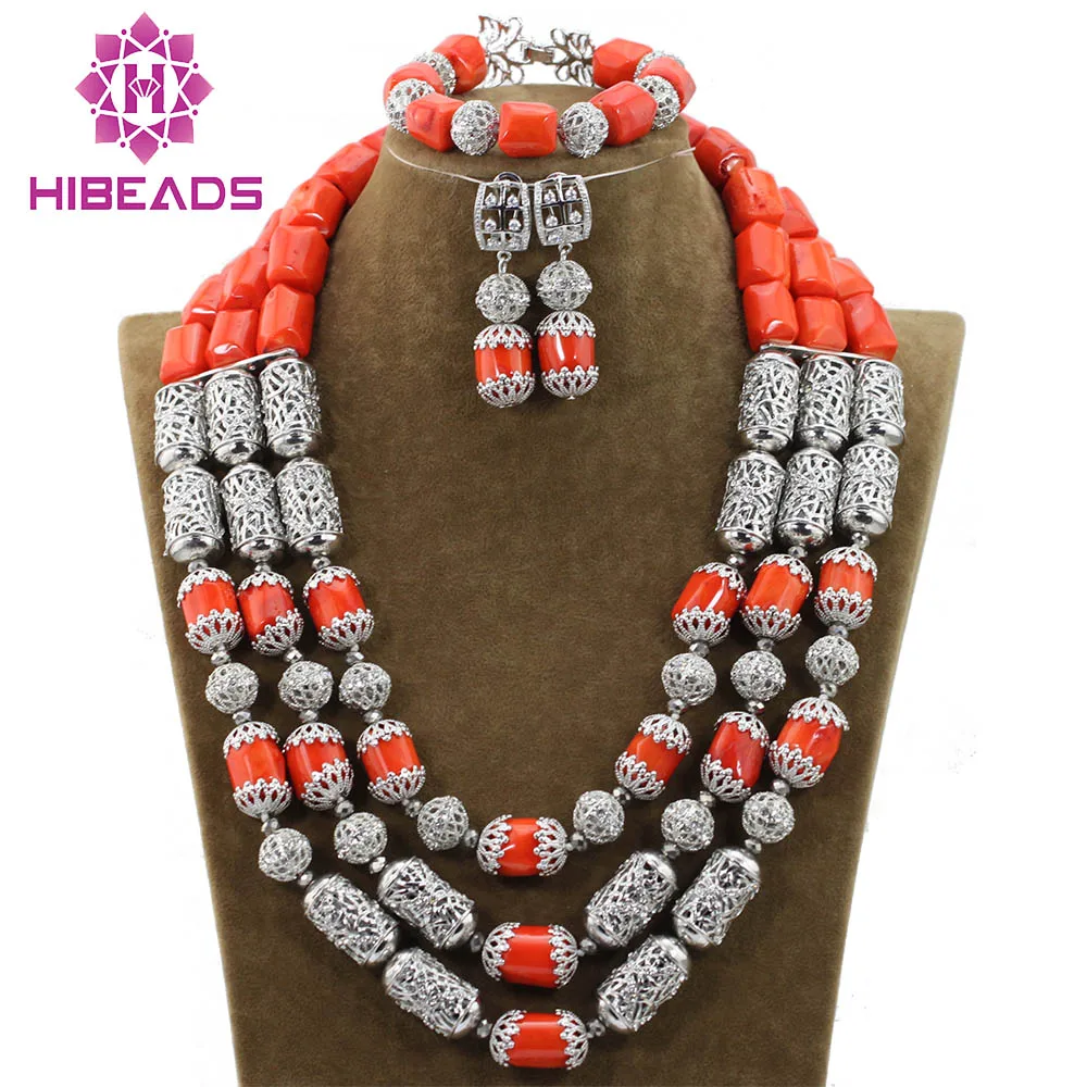 

Real Coral African Beads Jewelry Sets Silver Accessories Indian Bridal Necklace Earrings Set 2017 New Wedding Gift ABH266