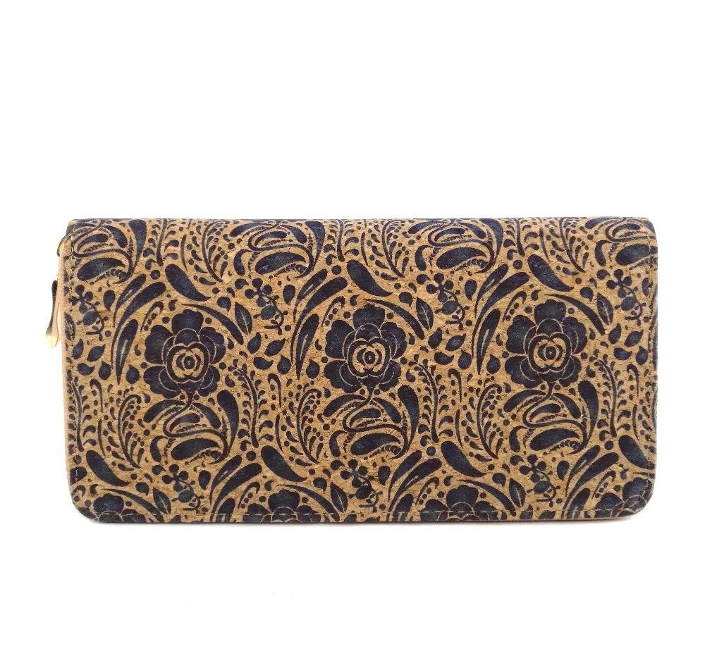 NAVY FLOWER PATTERN CORK WOMEN WALLET VEGAN PURSE