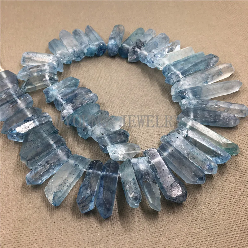 MY0778 Matte Mystic Blue Crystal Quartz Titanium Stick Beads,Rough Quartz Healing Spike Point,Raw Quartz Top Drilled Beads