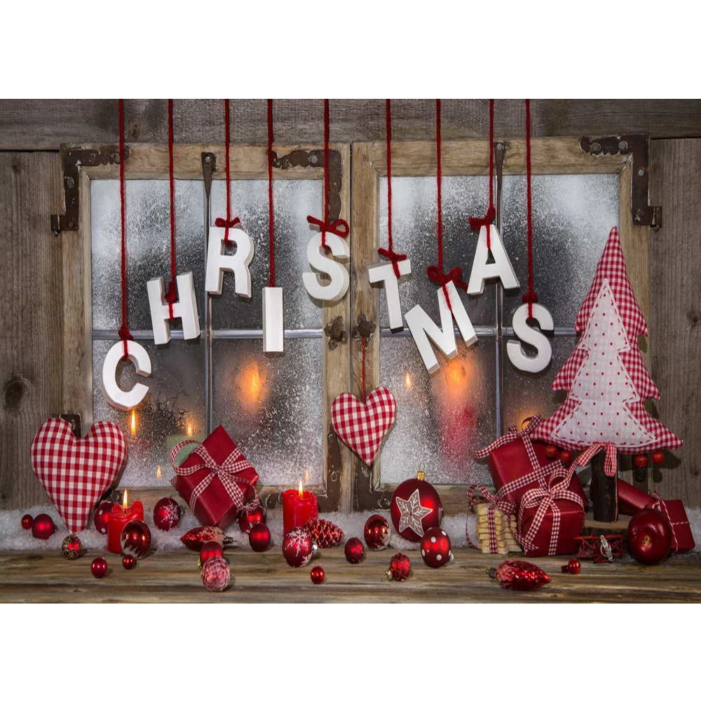 

Wooden Window Merry Christmas Backdrop Printed Red Balls Gifts Candles Love Hearts Pine Tree Decors Baby Kids Photo Backgrounds