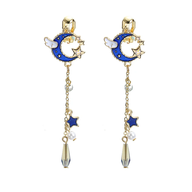 2018 New Korean Creative Clip On Earrings Cute Blue Universe Moon Star Asymmetric Long Tassel for Girl Women Without Piercing