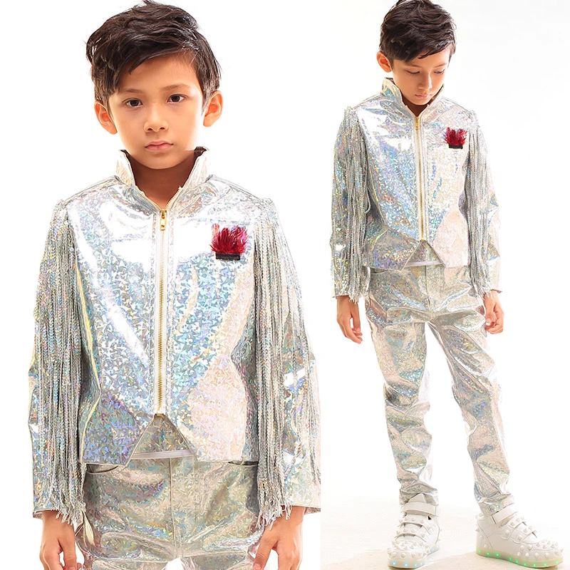 Jazz Costumes Hip Hop Boys Drums Children Street Dance Model Singer Performance Silver Tassel Laser Leather Pants Suit DNV10053