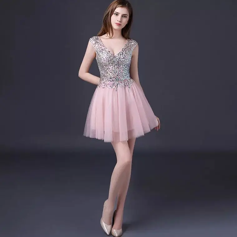 Luxury Short Pink Prom Dress 2024 A-line Full Beaded Crystal Women Formal Party Evening Gowns Robe De Soiree