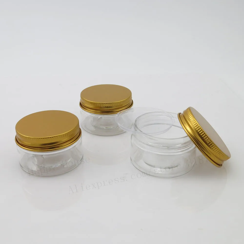 60pcs/lot 30g Portable Empty PET plastic jars with aluminum gold lids 1oz Clear pots cosmetic Container