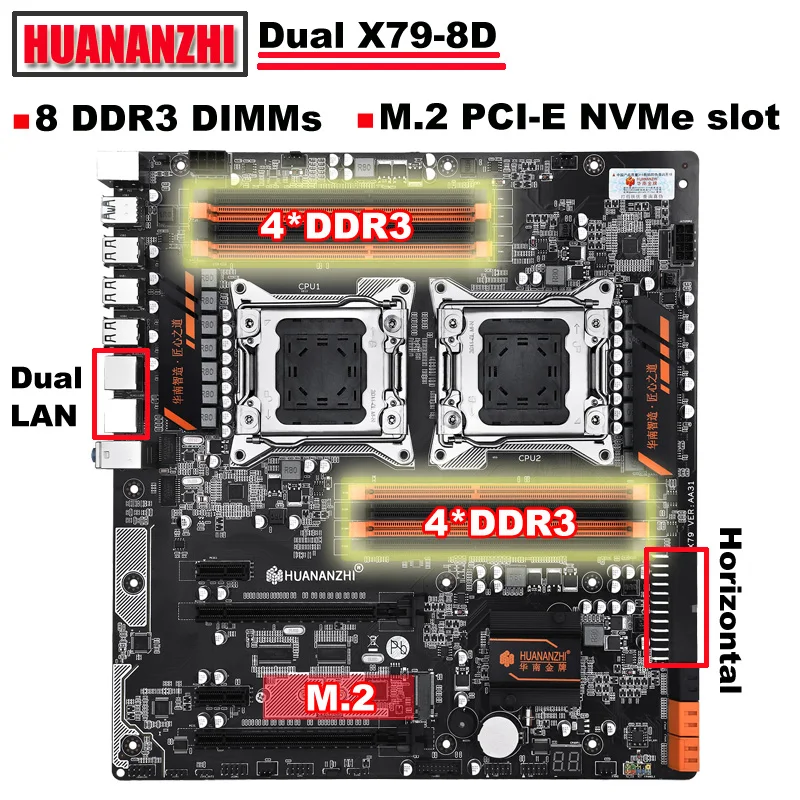 HUANANZHI X79-8D Dual CPU Socket Motherboard On Sale Good Mainboard With NVMe SSD M.2 Slot 2 GIGA Ethernet Ports 8 DDR3 DIMMs