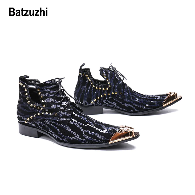 Batzuzhi Italian Handmade Men Shoes Pointed Metal Tip Black Blue Leather Ankle Boots Man Lace-up Rivets Party botas hombre,US12