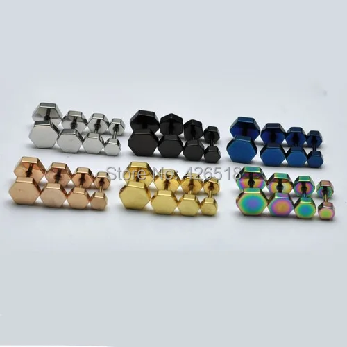 4 5 6 7 8MM width Hexagon 6 colors Stainless steel No Fade Men Pierced Screw Stud Earrings