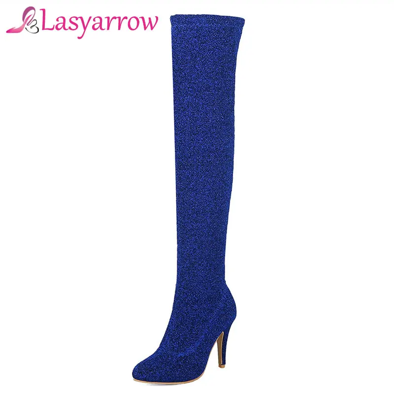 

Lasyarrow Sexy Stretch Long Boots Women's Shoes Elegant Fashion Black Red Thigh High Stiletto Boots Gold Silver High Heels Boots