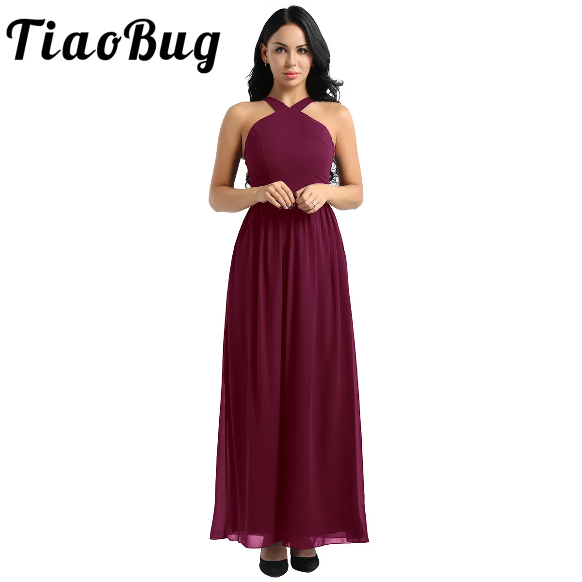 Tiaobug Women Ladies Criss-cross Shoulder Straps Chiffon Elegant Bridesmaid Dresses Princess Prom Party Maxi Long Wedding Dress