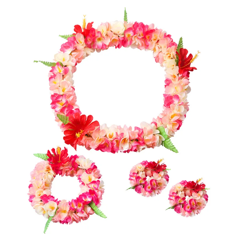Hawaiian Garland with Artificial Flowers, Necklace, Headband Set, Wedding Fancy Dress, Beach Fun Party Decor, DIY Gift, High Qua