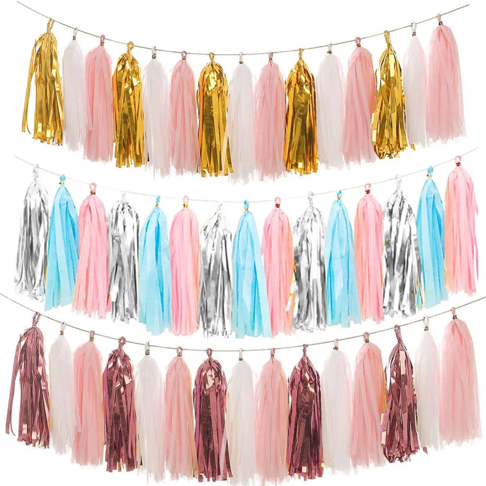 Roségold Schillernde DIY Seidenpapier Quastengirlanden für Babyparty Junggesellinnenabschied Hochzeit Geburtstag Party Dekorationszubehör – Detail 5