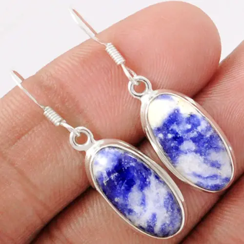 Genuine Sodolite Earrings 100%  925 Sterling Silver 36mm AE0010