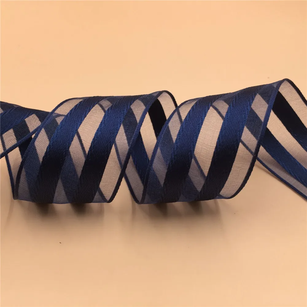 38mm X 25yards Navy Blue Striped Organza Satin Ribbon for Gift Box Wrapping Wired Edged Ribbon   N2192