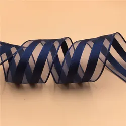 38mm X 25yards Navy Blue Striped Organza Satin Ribbon for Gift Box Wrapping Wired Edged Ribbon   N2192