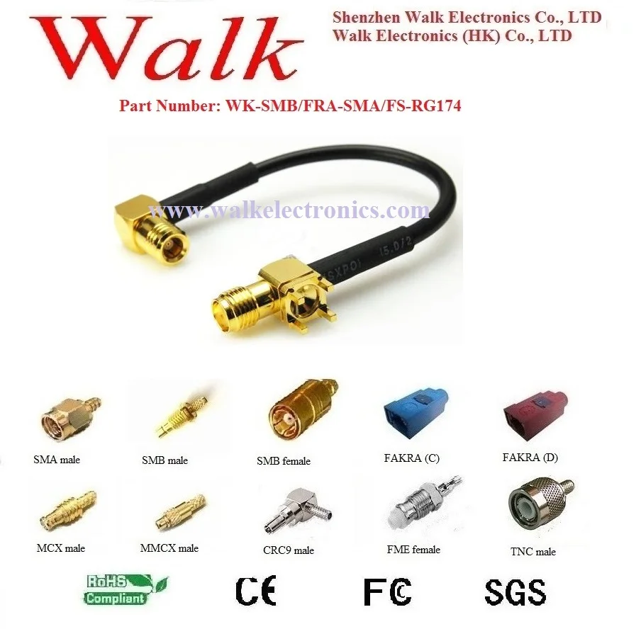RF cable assembly:SMB female right angle to SMA female straight with PCB mount with RG174 cable