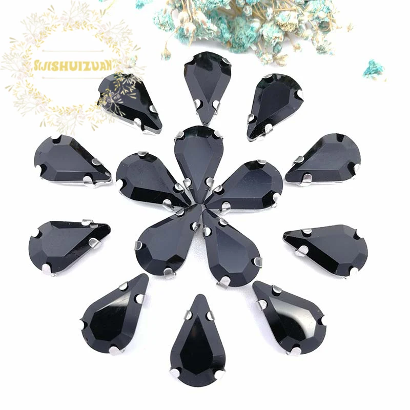 Classic Style Black Water Drop Shape Glass Crystal Sew On Rhinestones Diy Wedding Decoration 8x13mm 5x8mm 6x10mm