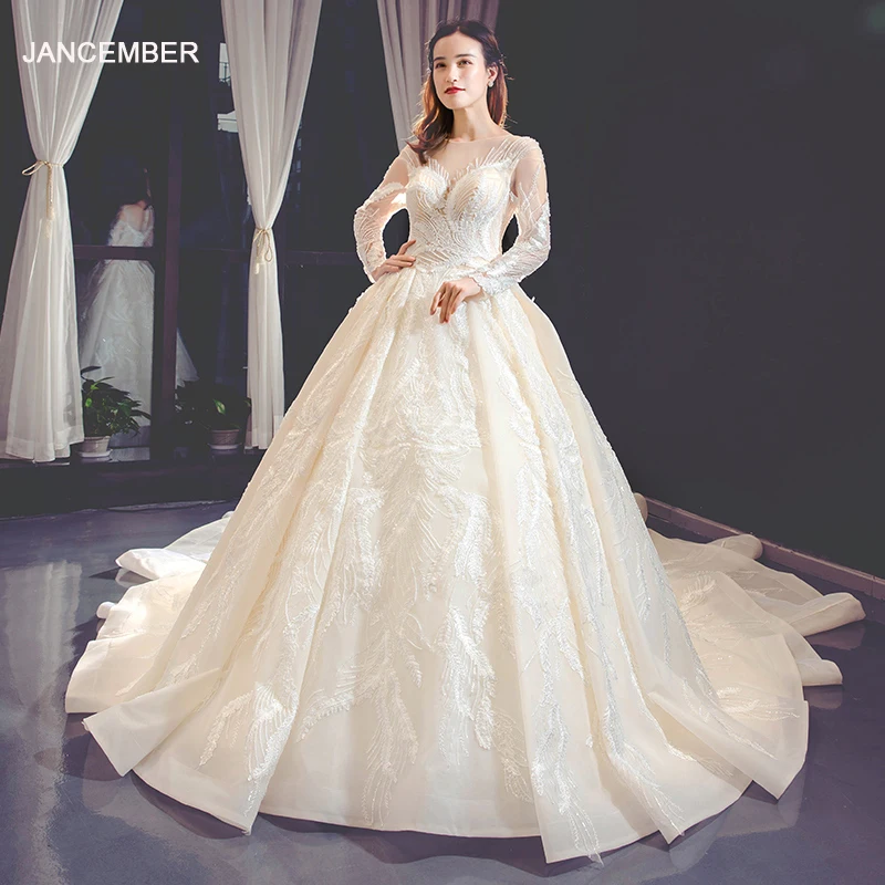 J66874 jancember wedding dresses for women 2019 v-neck long sleeve ball gown lace bridal dresses vestido de noiva pra champanhe