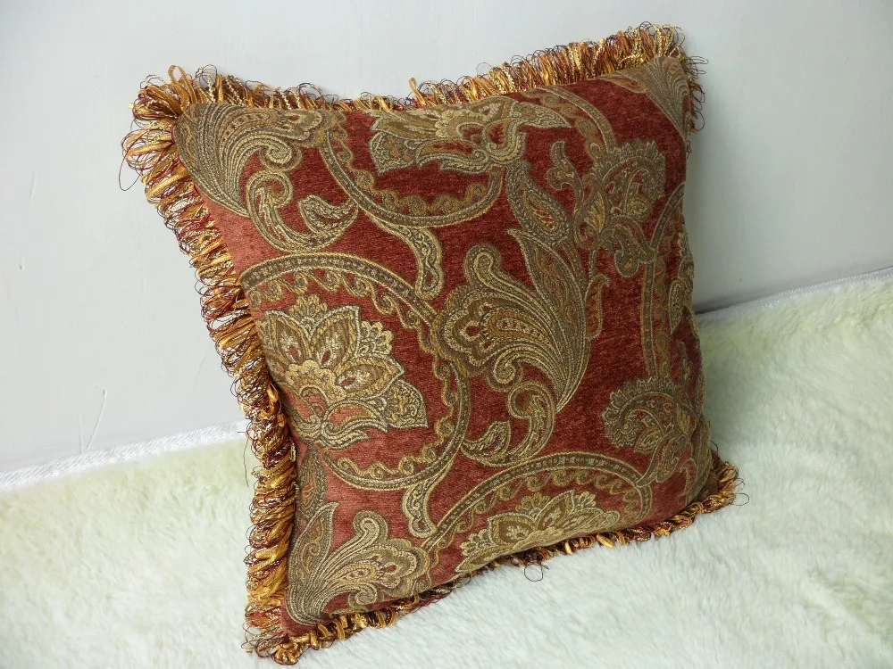 American Paisley Woven Classic Chenille Brick Red Pillow Cover Decorative Cushion Cover Square Pillow Case With Fringe 45x45cm