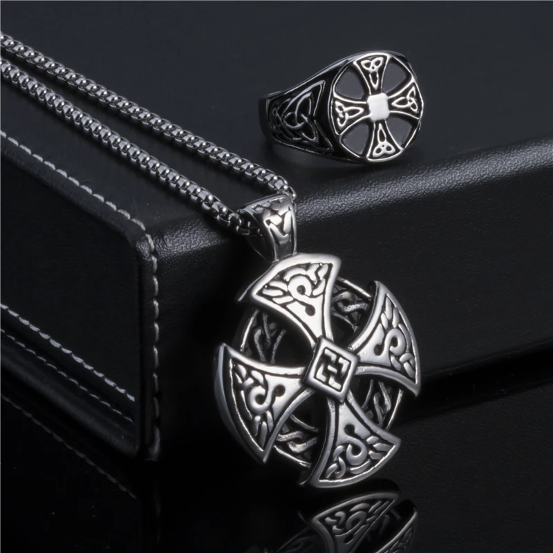 Elfasio Jewelry Set Ring Penadnt Set Celtic Knot Symbol Nordic Stainless Steel Necklace Chain Vintage Fashion