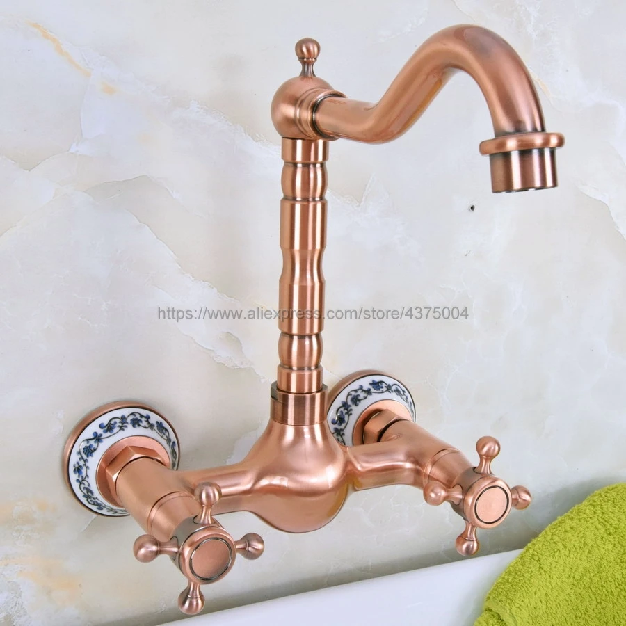 Antique Red Copper Swivel Spout Kitchen Sink Faucet / Wall Mounted Dual Cross Handles Bathroom Basin Mixer Taps Nnf942