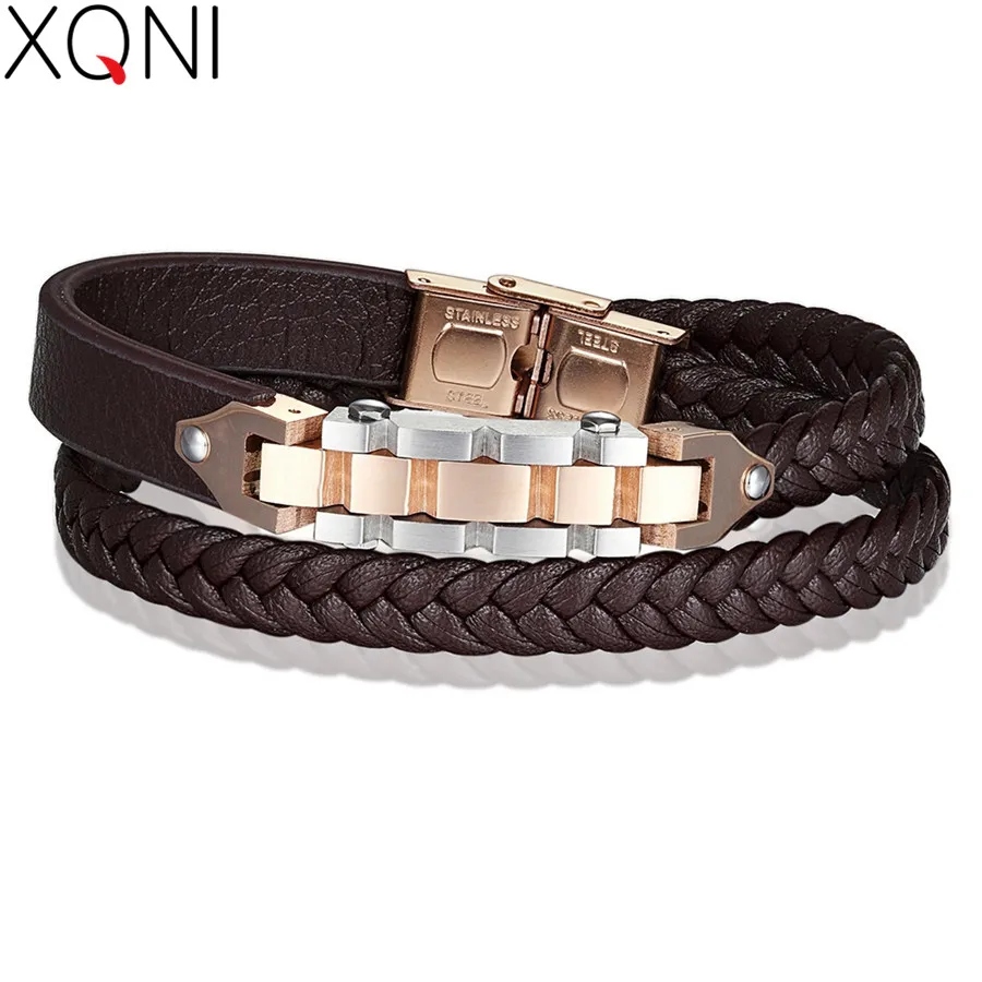

XQNI Bicycle Chain with Toggle-clasps Combination Stainless Steel Genuine Leather Bracelet For Men Brown Rope Chain For Gift