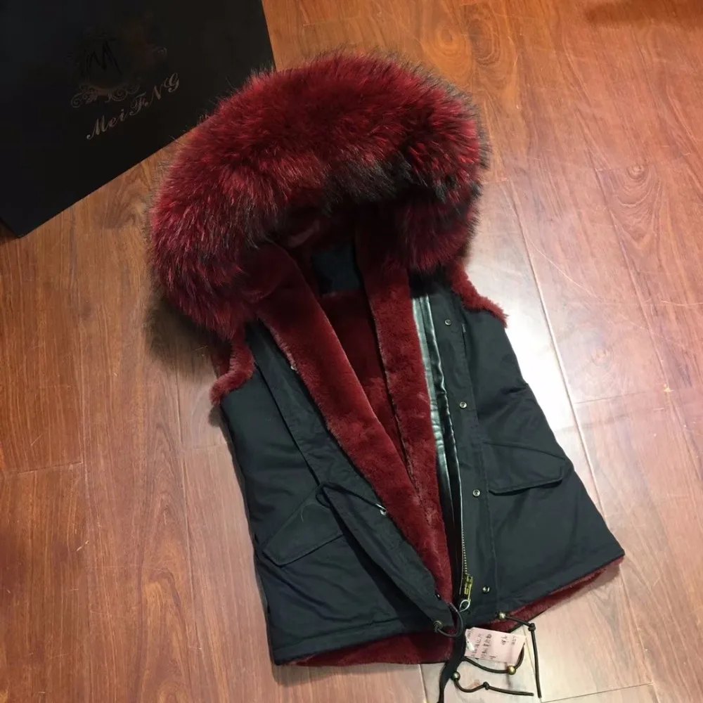 

Raccon Fur Collar Women Vest Fashion Winter Warm Burgundy Faux Fur Lined Waistcoat For Ladies