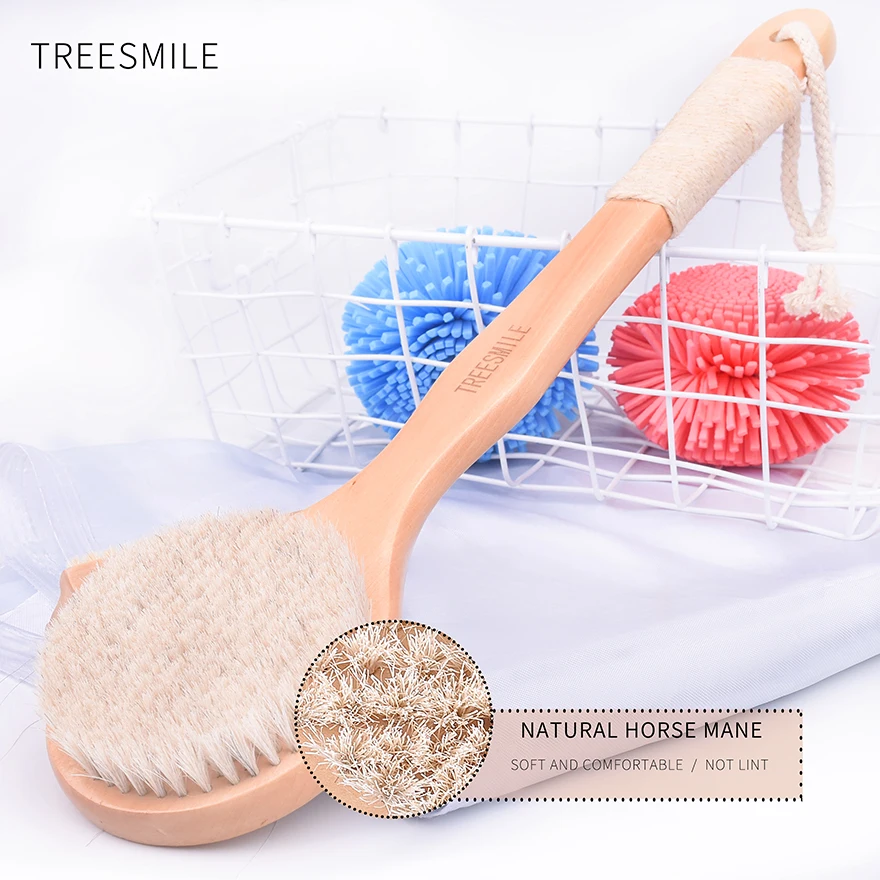 TREESMILE Natural horse hair  Long Anti-slip Handle Wooden Body Maasage Health Care Bath Brush for bath body scrub Shower  Brush