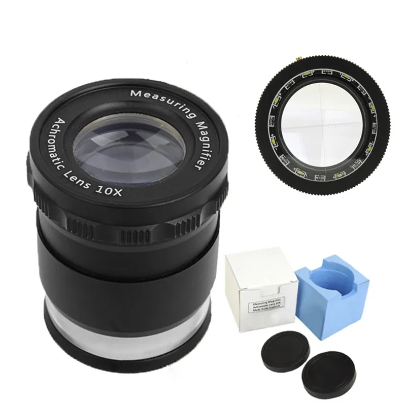 10X Metal LED Illuminated Focus Adjustable Cylindrical Loupe Measuring Magnifier Achromatic Lens with Cross Scale Graticule