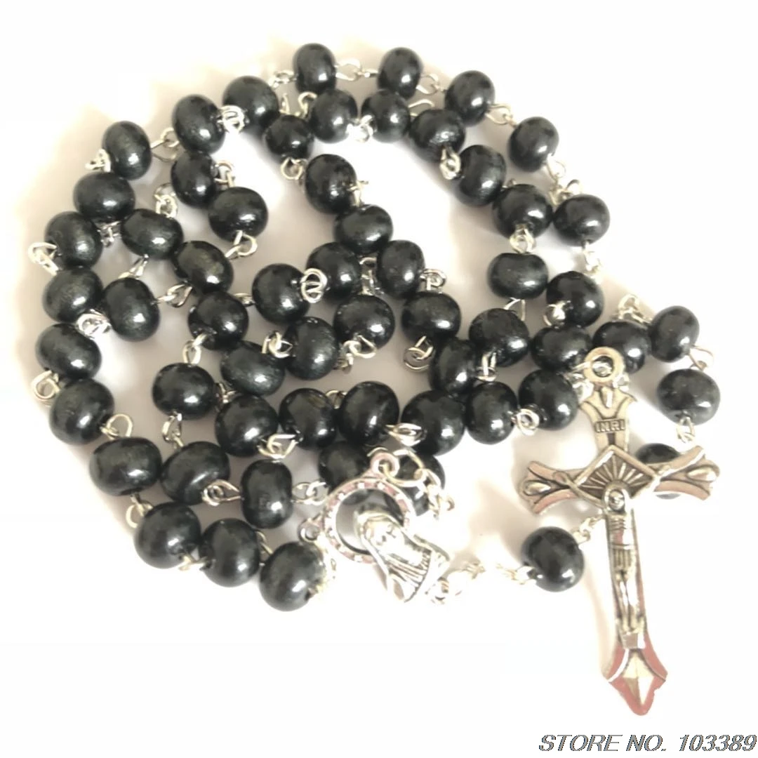 5pcs/pack 6*8mm bead rosary,wooden catholic rosary/ religous rosary/rosario necklace with VIRGIN MARY medal