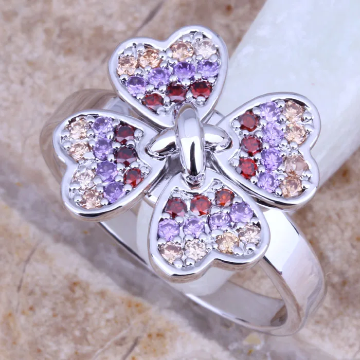 Jitter Exquisite Multicolor Multigem Silver Plated Four-leaf Clover Ring Size 6 / 7 / 8 / 9 E517