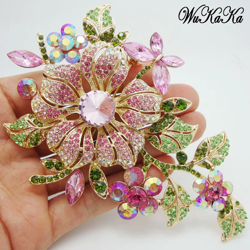 Big New Elegant Pink Crystal Flower Brooch Rhinestone Pin Romantic Wedding Bride Bridesmaid Large Brooches For Woman Jewelry