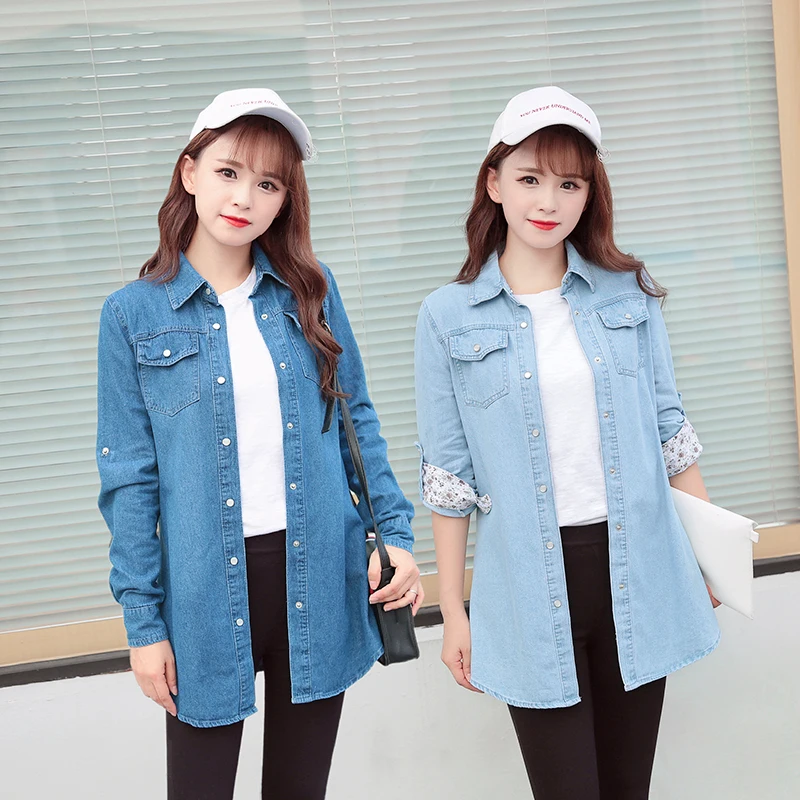 Long Denim Jacket Women 2018 New Arrived Women\'s Jeans Jackets Soild Female Coat Casual Turn Down Collar Women Outwear XZ387