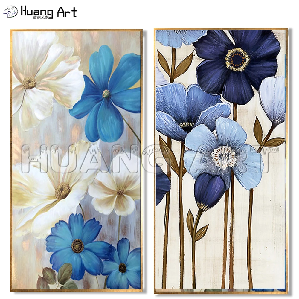 Professional Painter Hand-Painted Beautiful Flower Oil Painting on Canvas for Home Decor Modern Blue Flower Acrylic Painting