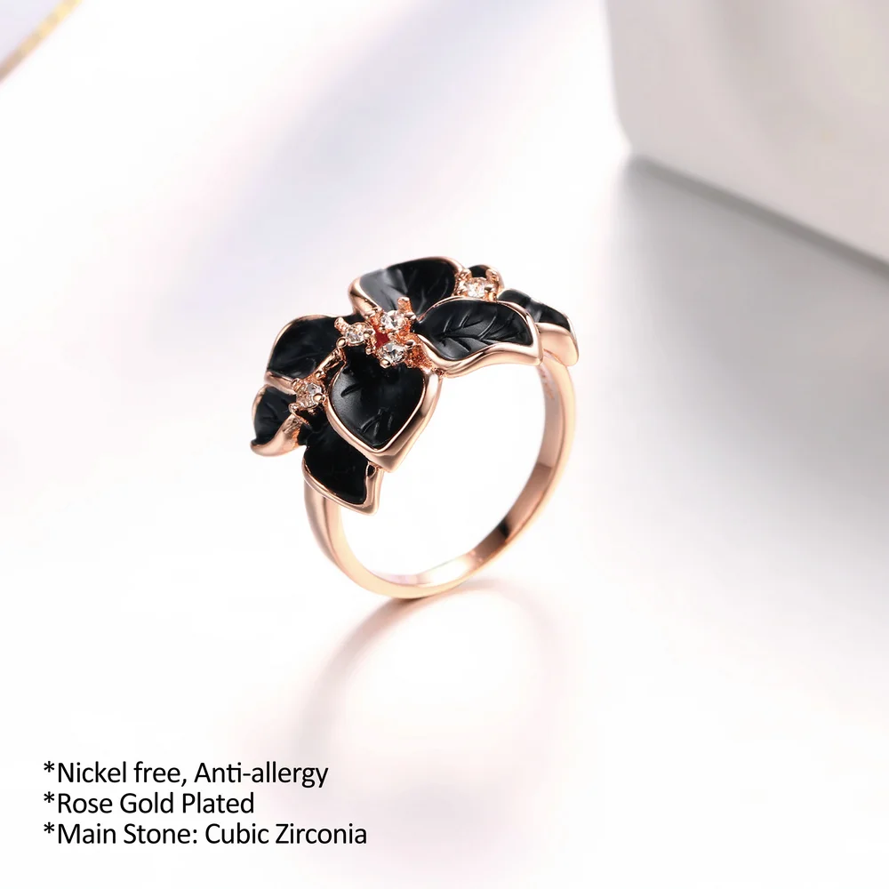 Double Fair Brand Romantic Leaf Black Drip oil Ring Rose Gold Color Vintage Fashion Jewelry For Women DFR678 DFR679